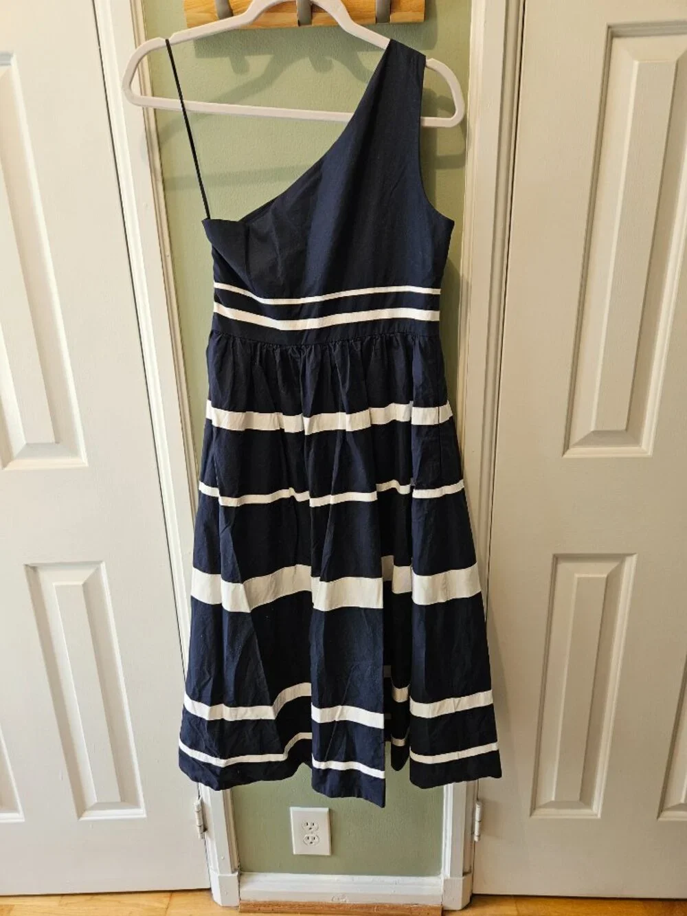 J. Crew One-Shouldered Maxi Dress Cotton Poplin Ribbon Stripes Navy Blue Size 4